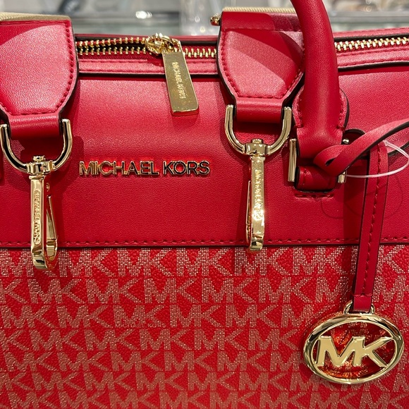 Michael Kors MK Jet Set Travel Medium Duffle Bag Satchel Bright Red MK Signature - Picture 2 of 16